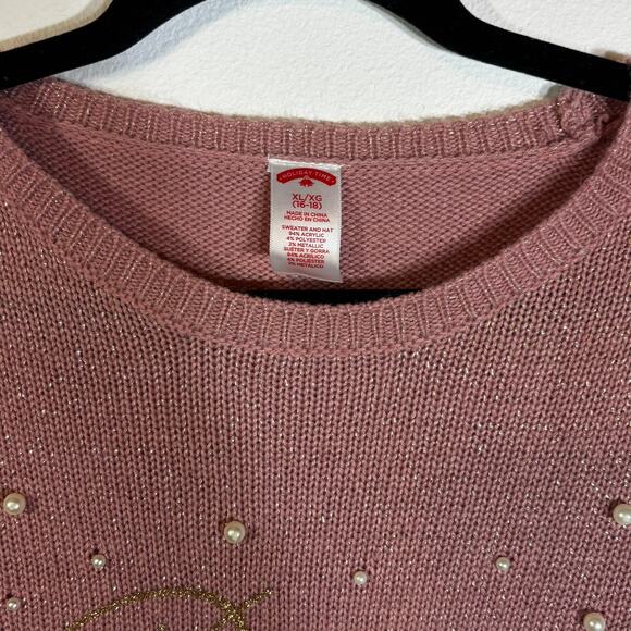 Holiday Time Peace Pink and Gold Christmas Sweater with Faux Pearls Size XL - Picture 2 of 5
